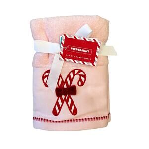 Set of 2 Pink Christmas Hand Towels Peppermint Candy Cane Bow 100% Cotton NEW